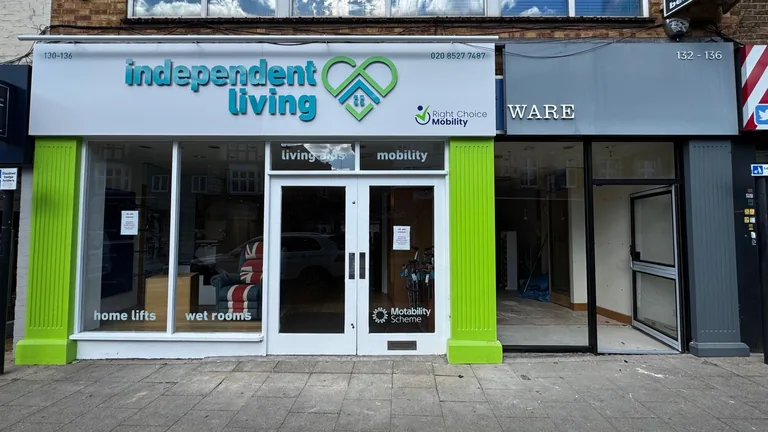 Powder-coated aluminium shopfront and entrance doors.