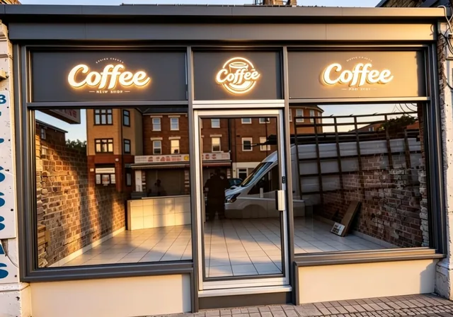 Grey aluminium shopfront with glazed entrance doors.