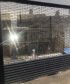 Black metal security shutter with circular punch holes and glazed panels.