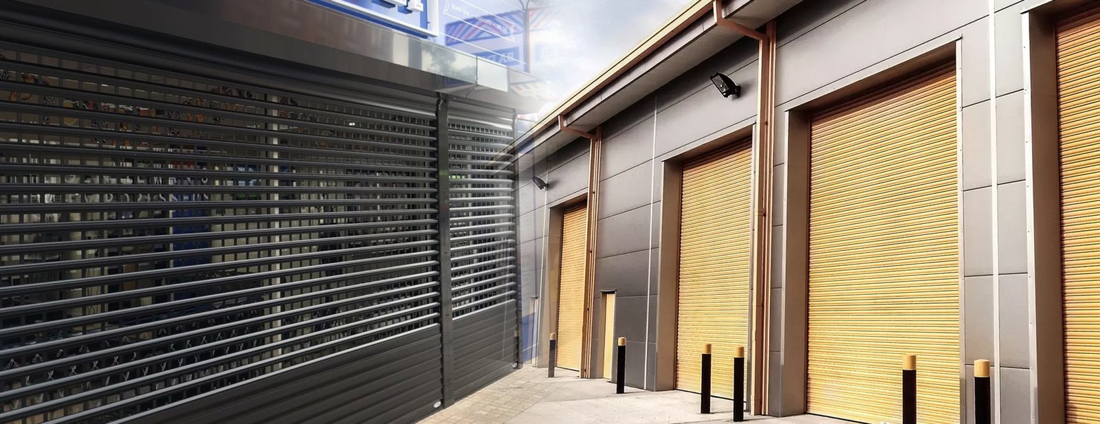 Aluminium shopfront with glass panels and open roller shutter